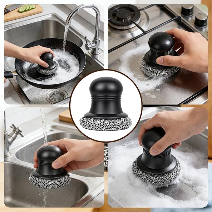 316 Upgraded Cast Iron Scrubber with Pan Scraper,Cast Iron Cleaner for Grill Pan Skillet Wok Carbon Steel,Ergonomic to Hold Easy to Use Dishwasher Safe ((Small&Large Chainmail,2pcs))