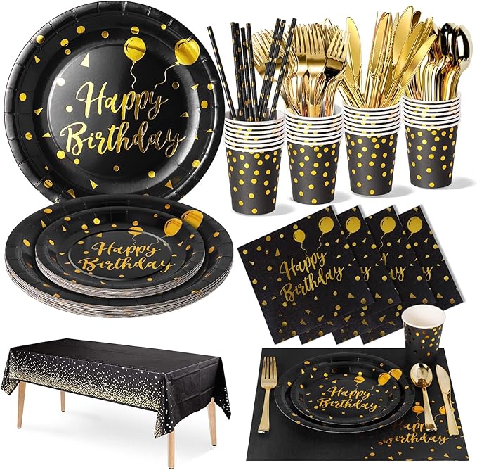 Nkaiso Birthday Party Tableware, 161 Pieces Black Gold Party Supplies, Party Dinnerware Sets Include Paper Plates Napkins Cups Silverware, for Shower Engagement Parties Decoration -20 Serves