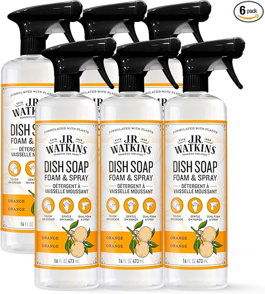 J.R. Watkins Trigger Spray Foaming Dish Soap, Crafted Clean & Cruelty Free, Orange, 16 fl oz, 6 Pack