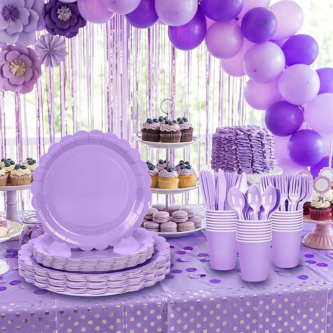 168 Pcs Light Purple Plates and Napkins Set, Purple Party Supplies Include Scalloped Plate Napkins Cups Forks Knives Disposable Plastic Cutlery for Baby Shower, Wedding, Birthday