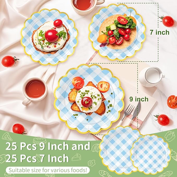 50 Pcs Blue and White Checkered Paper Plates, 25 Pcs 9" and 25 Pcs 7" Disposable Blue Gingham Scalloped Plates with Gold Foil for Graduation Wedding Baby Shower Birthday Party Picnic BBQ