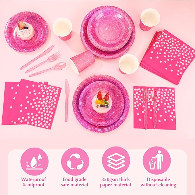 Hushee 350 Pcs Hot Pink Holographic Print Party Supplies Guests Disposable Dinnerware Set Include Paper Plates, Napkins, Cups, Plastic Cutlery for Wedding Birthday Disco Bachelorette