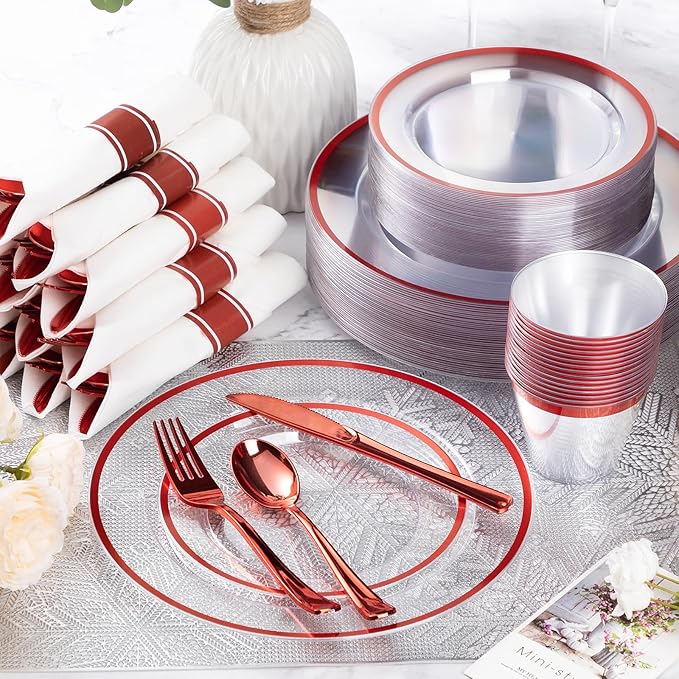 Goodluck 350 Piece Red Plastic Dinnerware Set for Party, Clear Disposable Plates for 50 Guests, Includes 100 Plates, 50 Pre Rolled Napkins with Cutlery Set, 50 Cups for Graduation, Wedding, Christmas