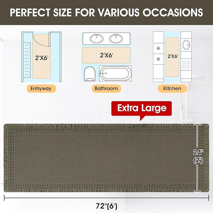 Upgraded Waffle Bath Mat Set 2 Piece Greyish Green-Bordered, Super Absorbent Non-Slip Quick Dry Bathroom Rugs with Tassels, Machine Washable Ultra Soft Boho Bath Rugs, Toilet Mats Boho Farmhouse Decor