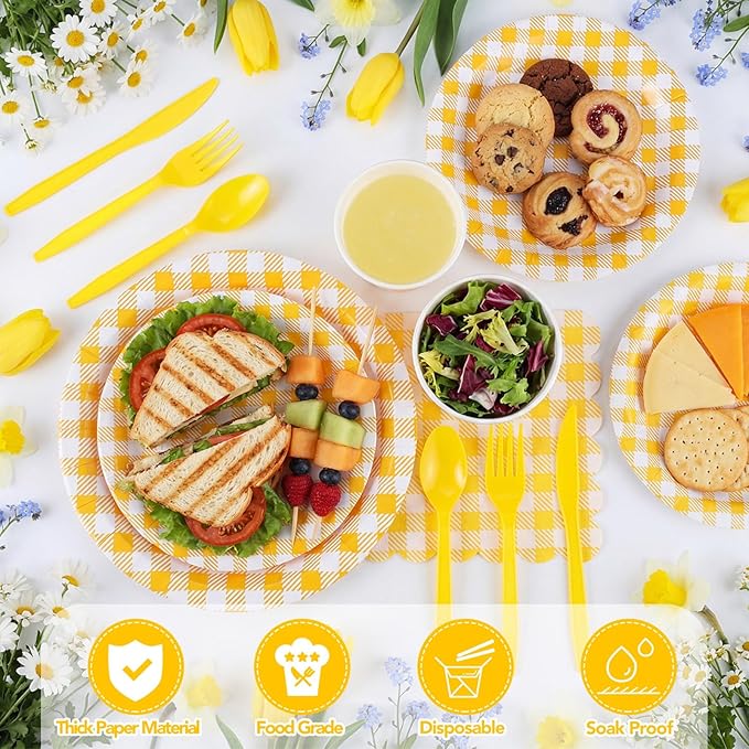 NatNarr 175 Pcs Gingham Party Supplies Include Yellow Gingham Plates and Napkins Cups Plastic Cutlery Disposable Yellow Checkered Plates Set for Golf Master Party, Picnic, Baby Shower