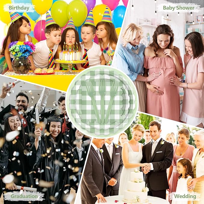 Mulbozy 100 Sage Green Gingham Plates and Napkins Disposable Set Includes 25-9" & 25-7" Dessert Cake Scalloped Plates, Cocktail Napkins, Forks for for Holiday Party Supplies