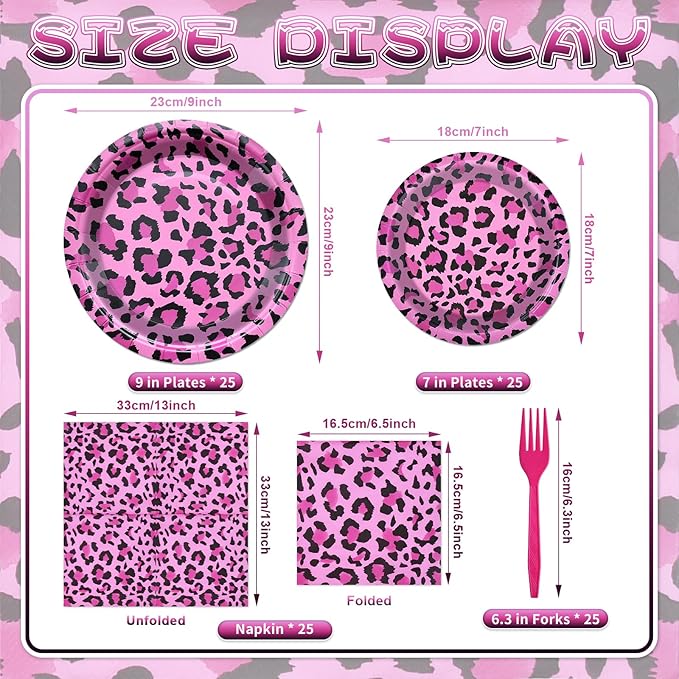100 Pieces Pink Leopard Print Party Tableware Set – Hot Pink Cheetah Plates, Napkins and Forks, Disposable Dinnerware for Girls Birthday, Baby Shower and Safari Party Supplies