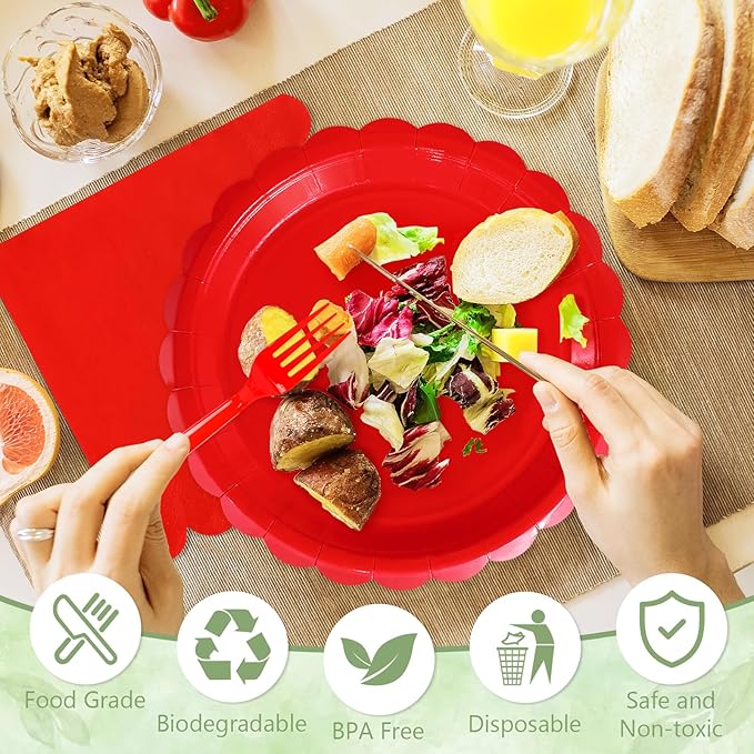 Mulbozy 100 Red Plates and Napkins Disposable Set Includes 25-9" & 25-7" Dessert Cake Scalloped Plates, Cocktail Napkins, Forks for for Holiday Party Supplies