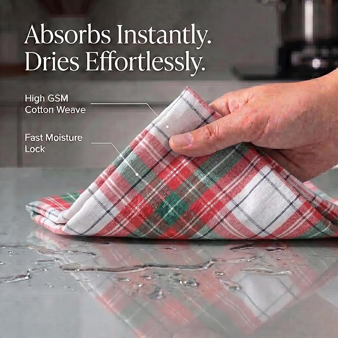 Urban Villa Christmas Kitchen Towels 100% Cotton Dish Towels for Kitchen (Set of 6) 20”x30” Dish Cloths Absorbent Kitchen Linen Set with Hanging Loop Perfect for Drying Dishes Cleaning – Christ Check
