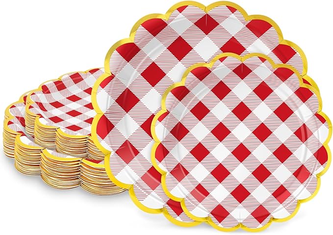 50 Pcs Red and White Checkered Paper Plates, 25 Pcs 9" and 25 Pcs 7" Disposable Christmas New Years Scalloped Plates with Gold Foil for Graduation Wedding Baby Shower Birthday Party Picnic BBQ