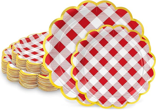 50 Pcs Red and White Checkered Paper Plates, 25 Pcs 9" and 25 Pcs 7" Disposable Christmas New Years Scalloped Plates with Gold Foil for Graduation Wedding Baby Shower Birthday Party Picnic BBQ