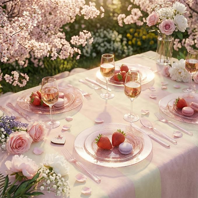 WDF 200PCS Pink Plastic Plates - Rose Gold Glitter Plastic Plates - Heavy Duty Pink Glitter Disposable Plates for Wedding/Baby Shower/Birthday