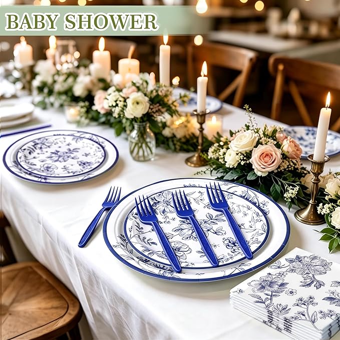 100 Pcs Blue and White Floral Party Supplies for 25 Guests, Heavy-Duty 7" & 9" Paper Plates, 2-Ply 13" Napkins & Plastic Forks, Disposable Tableware Set for Bridal Baby Shower and Tea Party