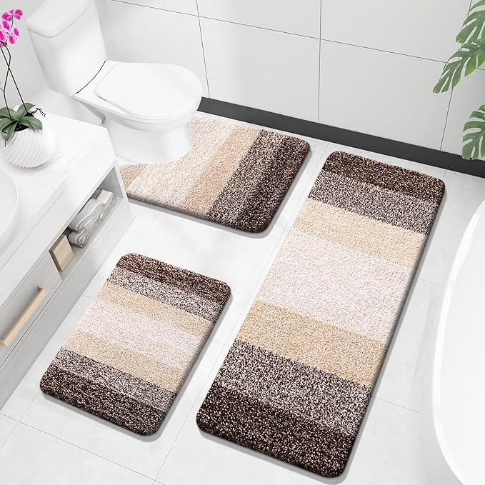 OLANLY Bathroom Rugs Sets 3 Piece, Soft Absorbent Microfiber Bath Mats and U-Shaped Contour Toilet Rug, Plush Shaggy Bath Mat Set for Bathroom (47"x20"+24"x16"+24"x20", Brown)