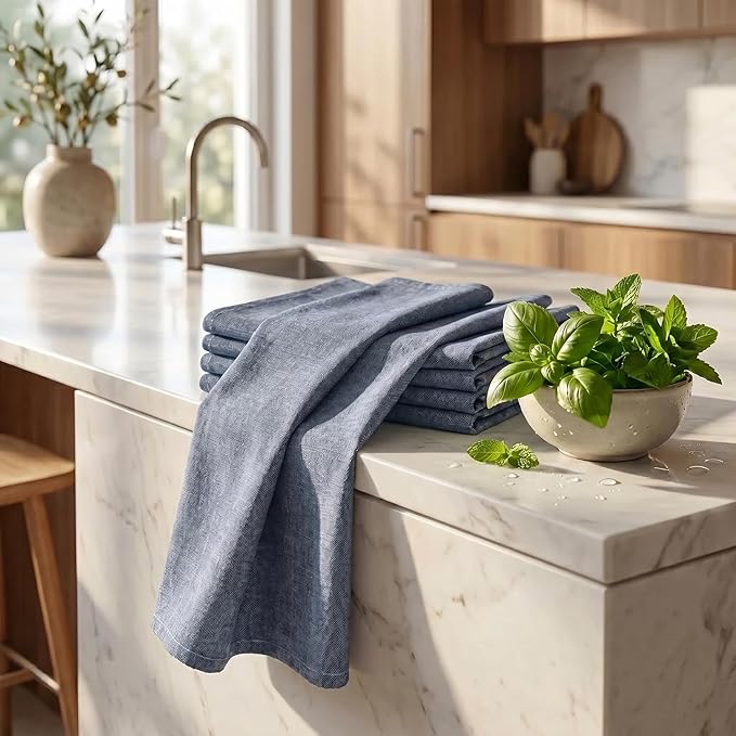 Urban Villa Kitchen Towels Premium Quality 100% Cotton Solid Kitchen Towels Set of 6 Ultra Soft Size 20X30 Inches Chambray Black/White Color Kitchen Towel Highly Absorbent Kitchen Towels