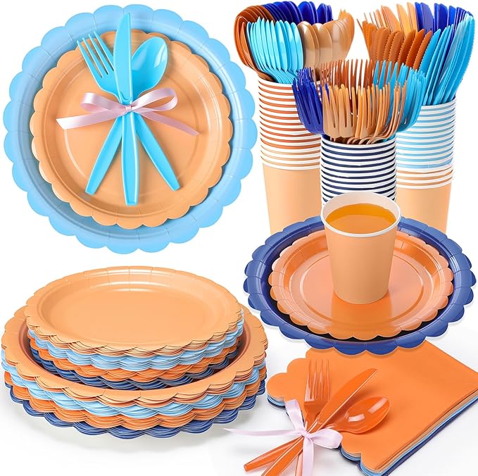 Ziliny 350 Pcs Blue Orange Plates and Napkins, 50 Guest Blue Dog Party Supplies Include Scalloped Paper Plates Napkins Cups Plastic Spoons Forks Knives Disposable Tableware Set for Dart Birthday Party