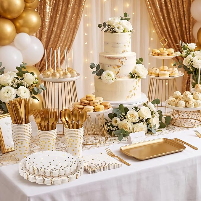 175 Pcs White and Gold Paper Plates and Napkins, Disposable Gold Party Dinnerware Include Scalloped Party Plates Napkin Cups Plastic Cutlery for Birthday Wedding Graduation Congratulations