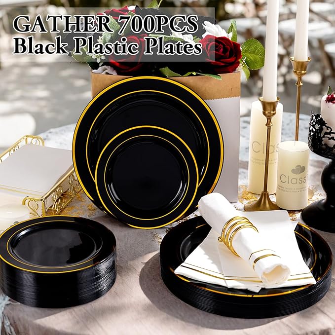 GATHER 700PCS Black Plastic Plates - Gold Disposable Plastic Dinnerware Set Include 200 6.3inch/9inch Black Plates, 300 Silverware, 100 Napkins, 100 Cups for Party & Wedding & Birthday