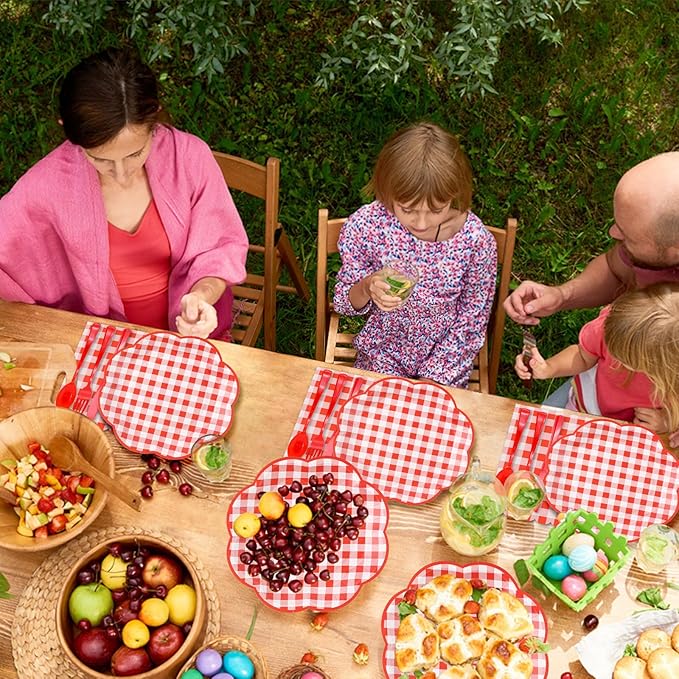 350 Pcs Red Gingham Plates and Napkins Party Supplies - Red and White Checkered Plates Sets Serve 50 Guests - Scalloped Gingham Paper Plate for Birthday Picnic Wedding Party Decorations