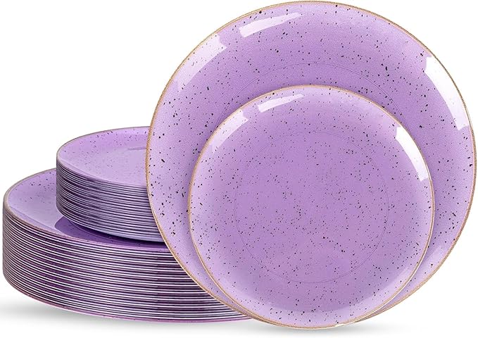 Liacere 32PCS Purple Plastic Plates - Purple Stone Plastic Disposable Tableware Plates Modern Dinnerware Set - Wedding & Warm Winter & Party & Easter Day