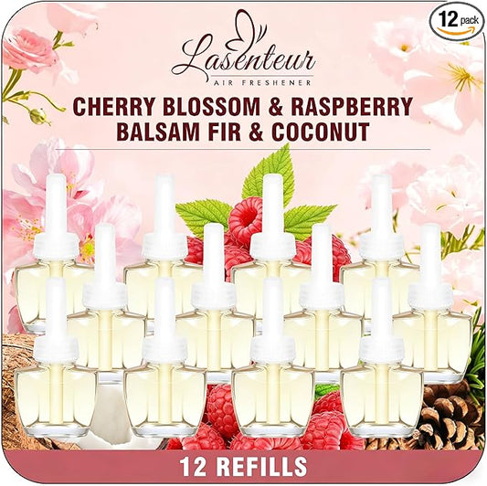 Plug In Air Freshener Refills for Home, Cherry Blossom, Raspberry, Balsam Fir, Coconut Scent Combination For Bathroom, 12 Count 7.92 FL OZ, Compatible with Air Wick & Glade, Not Include Glade Plus