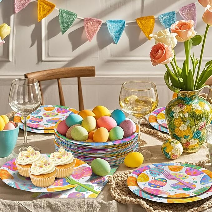 96 Pieces Easter Paper Plates and Napkins Tableware Set, Colorful Eggs Disposable Dinnerware with Plates, Napkins, Forks for Easter Spring Party Supplies-Serves 24