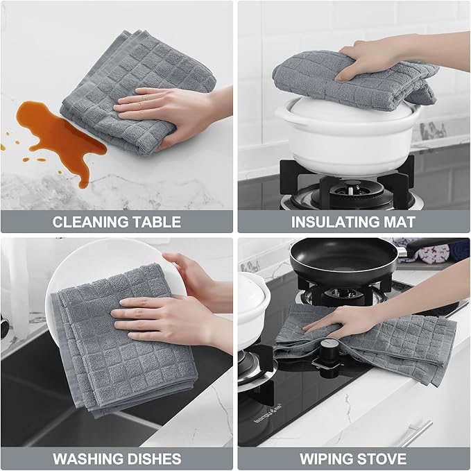 Homaxy Premium Cotton Kitchen Towels 16"x 28", Large Natural Ring Spun 390 GSM Dish Towels, Super Absorbent Terry Kitchen Hand Towels, Soft Tea Towels with Hanging Loop, Pure Grey Check Design, 4 Pack
