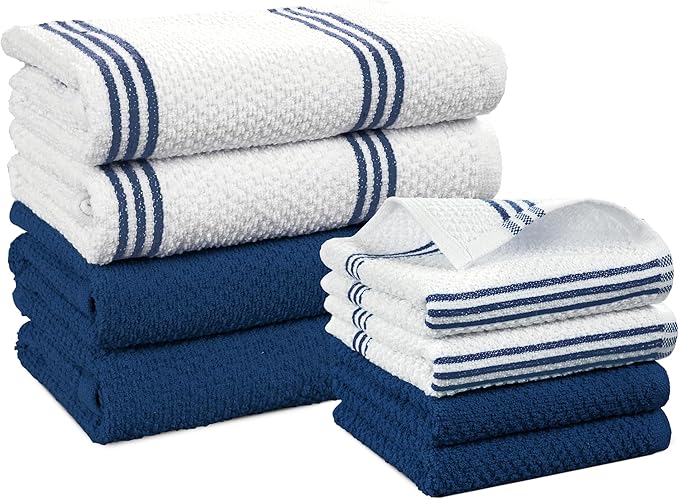Casa Platino Kitchen Towel Set 8 Pc 4 Dish Cloths (13"x13") & 4 Kitchen Towels (16"x26") - Absorbent, Quick Dry, Soft, Durable Dish Rags With Hanging Loop for Wiping Surfaces & Drying Dishes - Blue.