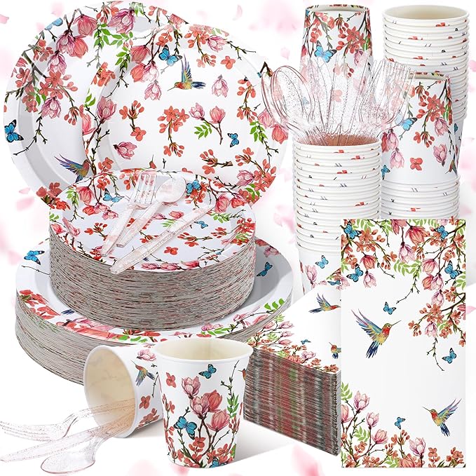 Sinmoe 400 Pcs Spring Plates and Napkins Set Paper Flower Dinnerware Disposable Party Supplies for 50 Guest Dinnerware Knife Fork Spoon for Spring Birthday Party(Multicolor,Bird)