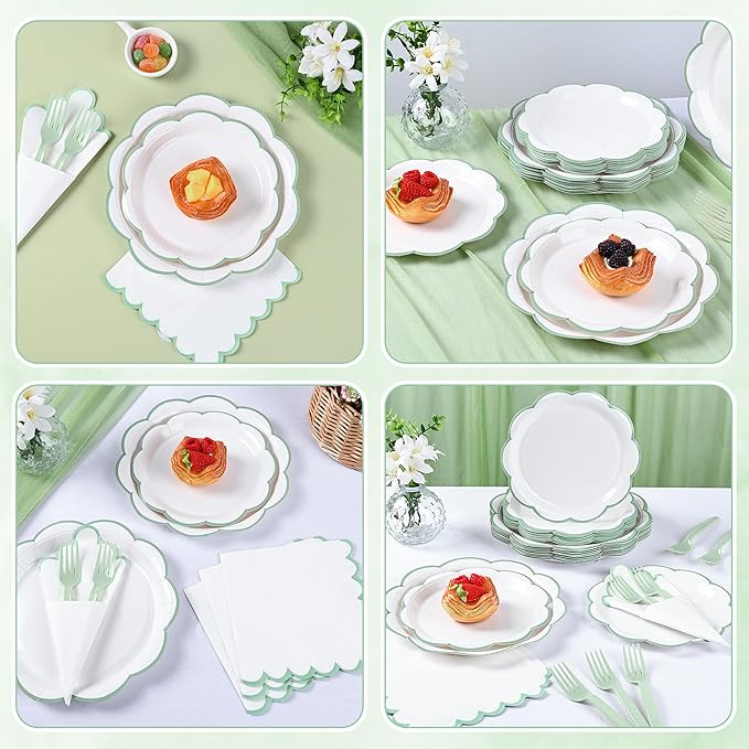 96 Pcs Sage Green and White Paper Plates and Napkins Set, Tableware set for 24 Guest include White Cake Plates with Sage Green Scalloped Edge, Napkins and Forks for Baby Shower, Bridal Shower, Wedding