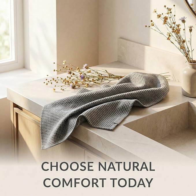 100% European Linen Hand Towels for Kitchen & Bath - Set of 2 - Waffle Weave, Highly Absorbent & Quick-Dry - 14 x 28 in - Stone Washed Flax