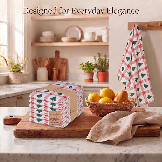 Urban Villa Christmas Kitchen Towels Christmas Tree Print Premium Quality 100% Cotton Dish Towels Mitered Corners Ultra Soft (Size: 20X30 Inches) Highly Absorbent Bar Towels & Tea Towels - (Set of 6)