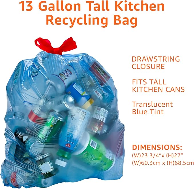 Amazon Basics Blue Recycling Drawstring Trash Bags, Tall Kitchen, Unscented, 13 Gallon, 60 Count