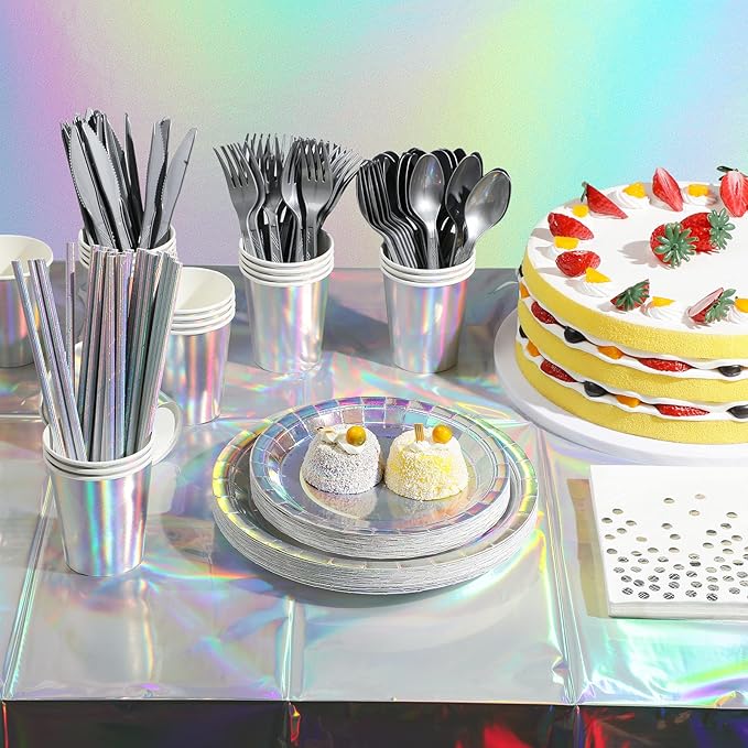 Iridescent Paper Plates and Napkins Set, Disposable Iridescent Paper Plates Cups Knives Spoons Fork Straw for Mermaid Birthday Wedding Party, Serve 100