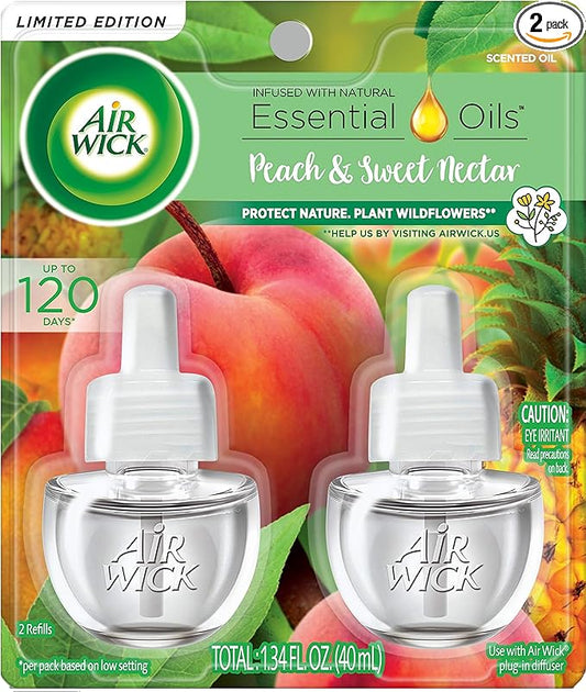 Air Wick Plug in Scented Oil Refill, 2 ct, Fresh Peach and Sweet Nectar, Air Freshener, Essential Oils, Spring Collection