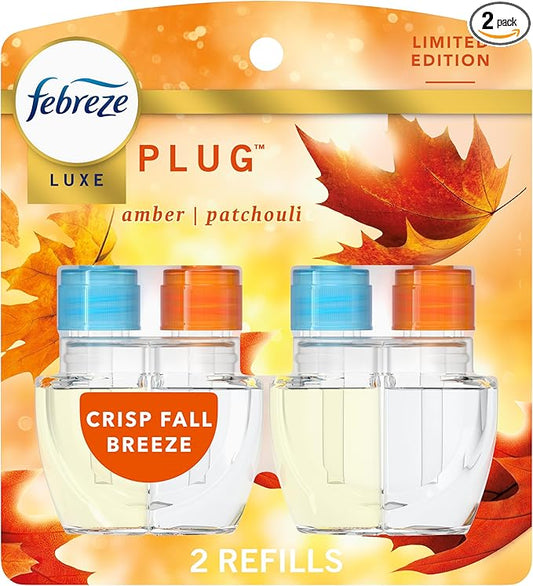 Febreze Plug In Air Freshener, Odor-Fighting Scented Oil Refill, Air Fresheners for Home and Bathroom and Kitchen, Long Lasting for Strong Odors, Crisp Fall Breeze Scent, 0.87oz Refills, 2 Count
