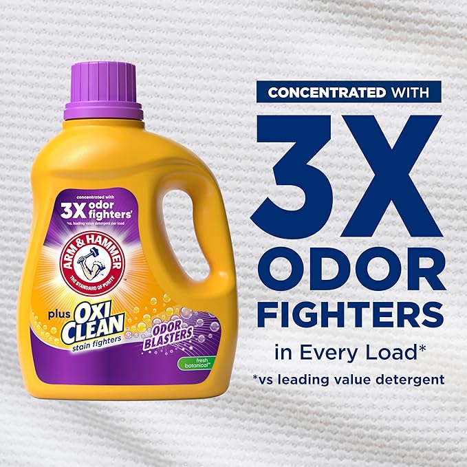 ARM & HAMMER Plus OxiClean with Odor Blasters Liquid Laundry Detergent, Laundry Odor Remover, Attacks Stains, Fresh Botanical Scent, 74 Loads, 96.2 Fl Oz