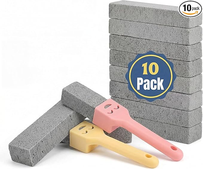 Jxueych 10 Pack Pumice Stone for Cleaning with 2 Handles – Heavy Duty Scouring Stick for Toilet Bowl, Rust, Hard Water & Stove – Bathroom & Kitchen Cleaner (10, Large)