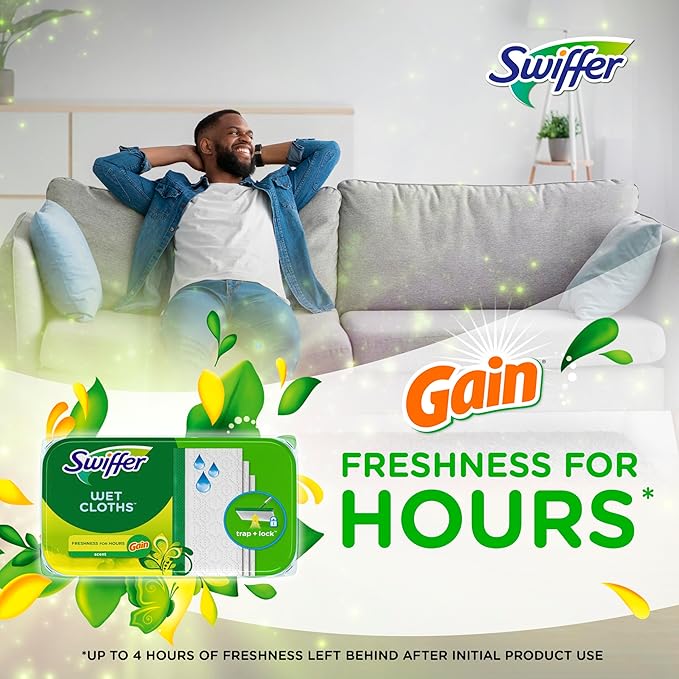 Swiffer Sweep + Mop, Wet Pads Refill, Floor Cleaner for Dirt, Dust, Hair, Cleaning Cloths for Mopping Home, Bathroom, Kitchen, All Purpose Multi-Surface Floor Wipes, Fresh and Gain, 36ct