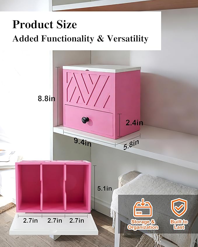 Tampon Holder for Bathroom Decor Feminine Product Organizer With Lid & Drawer Shark Week Box Girl Stuff (1, PINK)