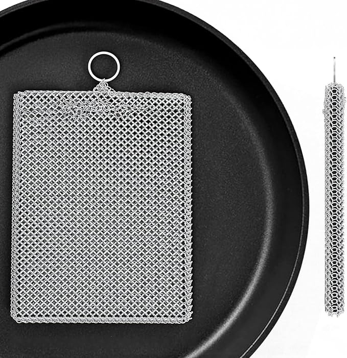 316L Stainless Steel Cast Iron Scrubber Cleaner,Chain Mail Scrubber with Silicone Insert,for Cast Iron Skillet, Cleaning Steel Skillet, Wok, Carbon Steel (8CM*10CM)