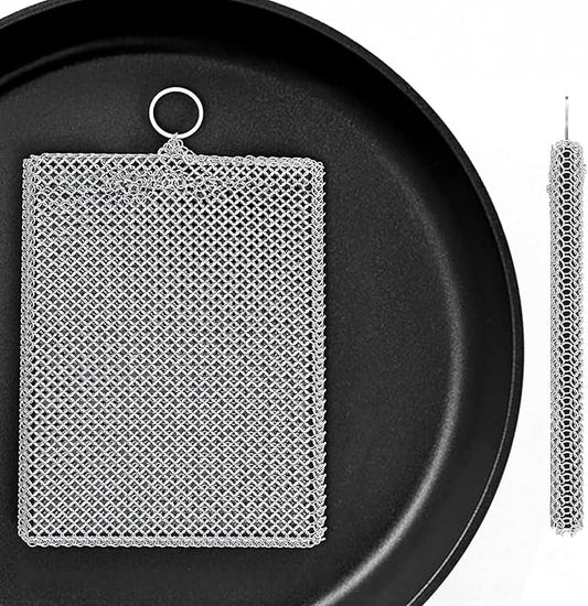 316L Stainless Steel Cast Iron Scrubber Cleaner,Chain Mail Scrubber with Silicone Insert,for Cast Iron Skillet, Cleaning Steel Skillet, Wok, Carbon Steel (8CM*10CM)