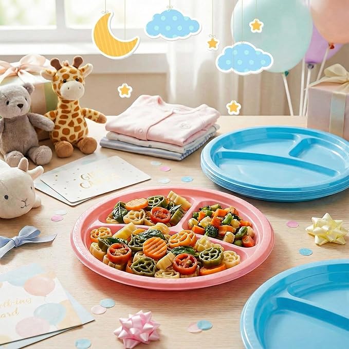 Teenyyou 50 Pcs 10 Inch Plastic 3 Compartment Divided Plates Heavy Disposable Round Dinner Plates with Dividers for Wedding Birthday Party Dinnerware (Pink, Blue)
