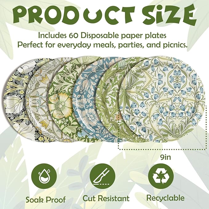 60 Pcs Vintage Wildflower Paper Plates Disposable Plates 9 Inch Green Blue Floral Decorative Dessert Plate for Spring Party Tableware Supplies Table Decor, 6 Designs