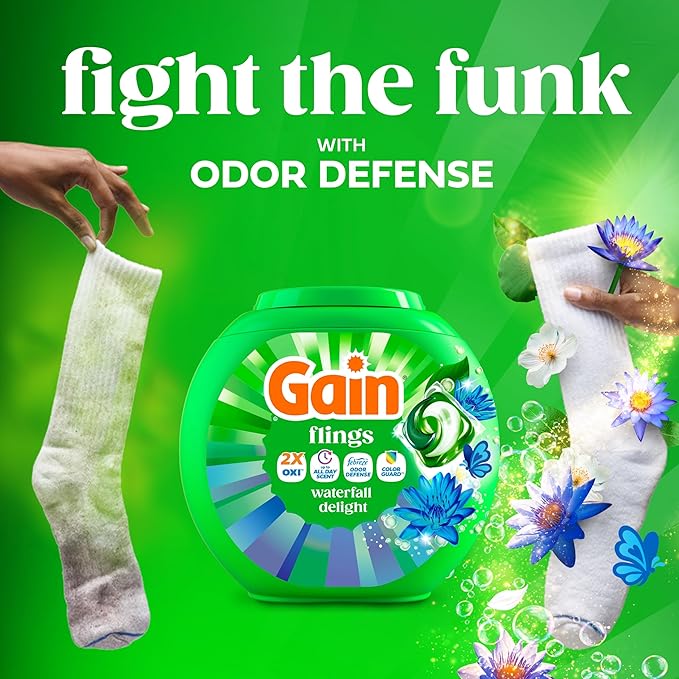 Gain Flings Liquid Washing Detergent Pods, Now with Odor Defense + Color Guard, Waterfall Delight Scent, 4-In-1 liquid laundry detergent pacs, clean & fresh, 76 Count (Packaging May Vary)