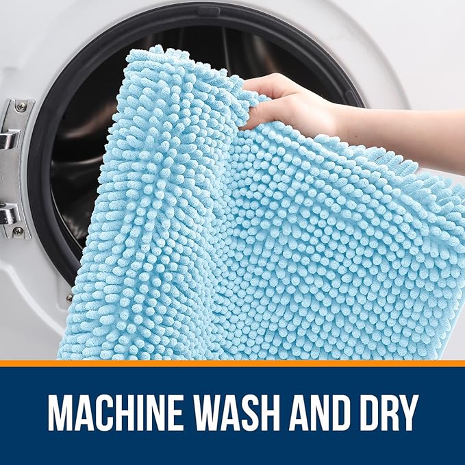 OLANLY Bathroom Runner Rugs 70x24, Soft Absorbent Chenille Bath Rugs, Rubber Backing Quick Dry, Machine Washable Long Bath Mats for Bathroom Floor, Tub and Shower, Home Decor Accessories, Sky Blue