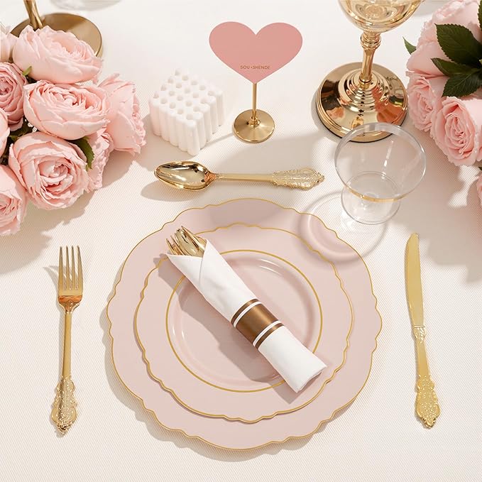 Liacere 350PCS Pink Plates Disposable-PinK Plates 50guest Baroque Plastic Dinnerware include 100Plates, 50Pack Pre Rolled Napkins with Silverware 50Cups Perfect for Wedding & Party