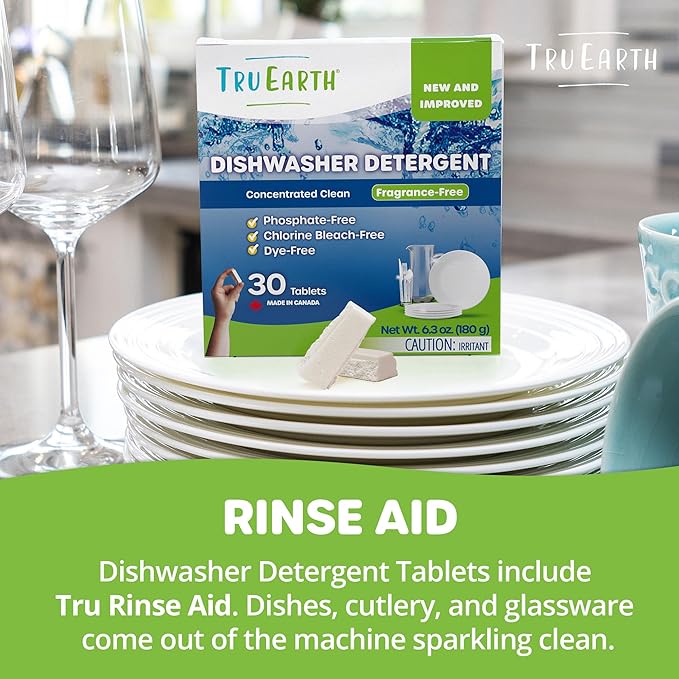 Tru Earth Dishwasher Detergent Tablets - Concentrated Dishwasher Tabs Cut Grease for Sparkling Dishes - Eco Friendly Alternative to Liquid Pods - 30 Tablets, Fragrance-Free