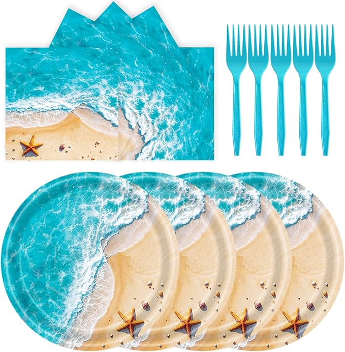 72 Pcs Ocean Waves Paper Plates Disposable Beach Party Birthday Dessert Plates Napkins Forks Tableware Set Summer Pool Party Decoration Supplies for Baby Shower Blue Ocean Hawaiian Birthday, Serve 24
