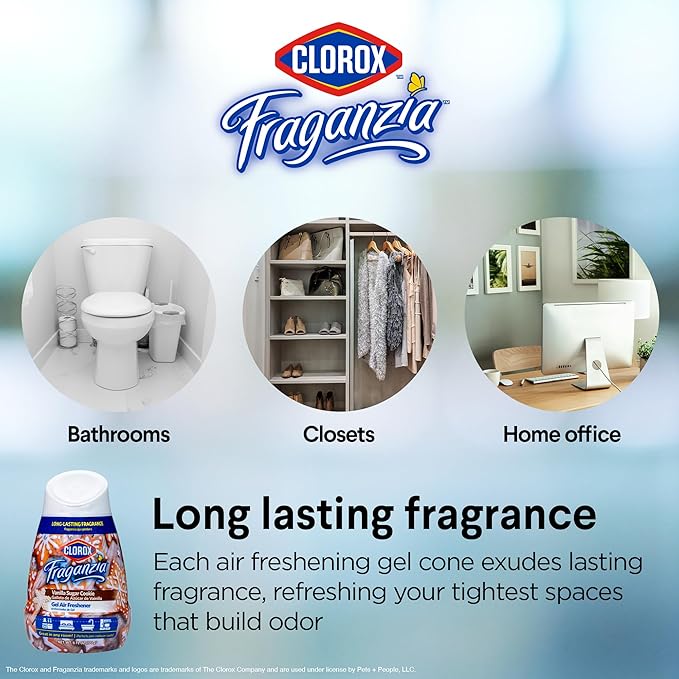 Clorox Fraganzia Gel Air Freshener Cone, Vanilla Sugar Cookie Scent - No-Plug, Battery-Free Air Freshener for Small Rooms, Closets, Kitchens, Bathrooms, Offices and More, 6 Ounce